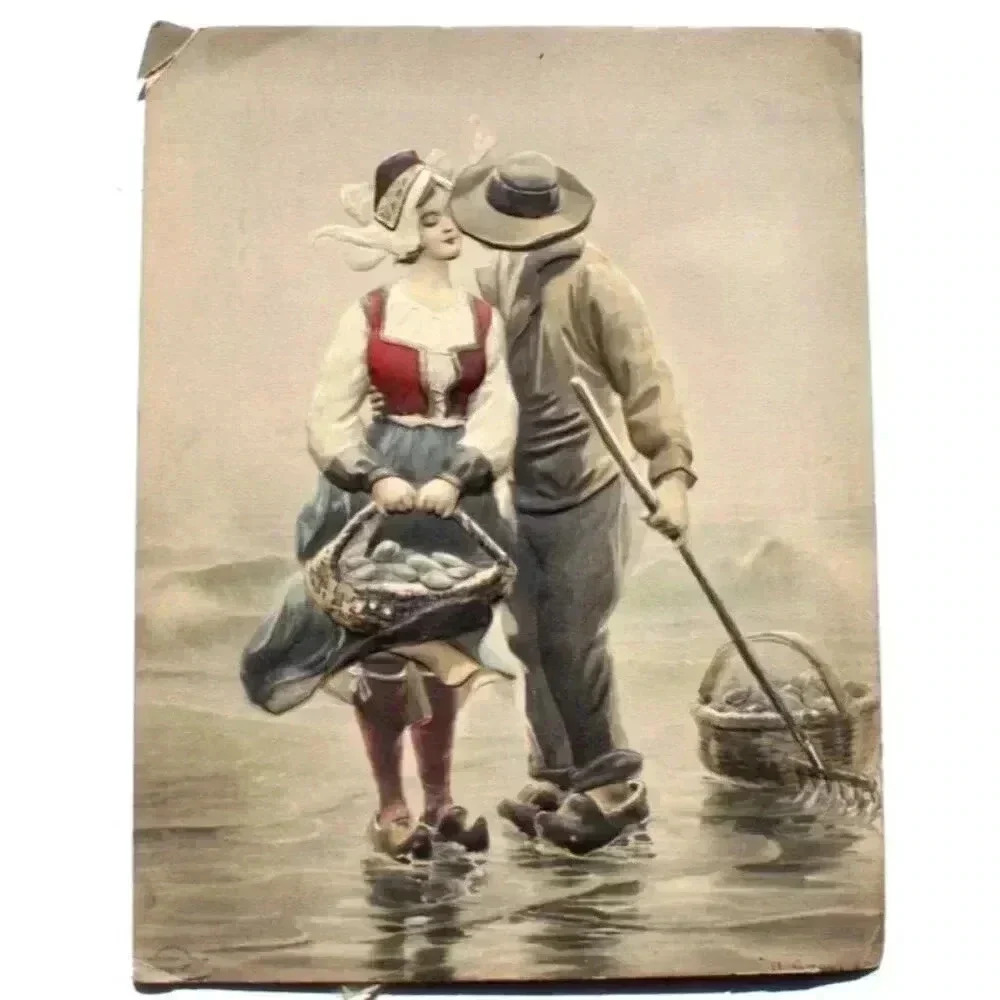 Antique Dutch Man & Woman Alfred S. Campbell Art Relievo 3-Dimen Embossed Photo